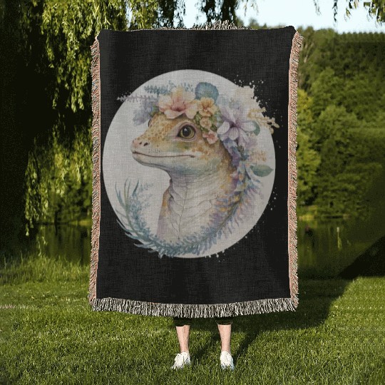 Watercolor Gecko Reptile Flower Crown Floral Amphi Woven Blankets
