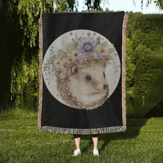 Cute Watercolor Hedgehog Flower Crown Animal Lover Woven Blankets