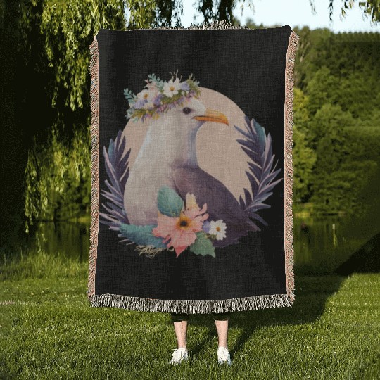 Cute Seagull Bird Flower Crown Floral Birds Woven Blankets