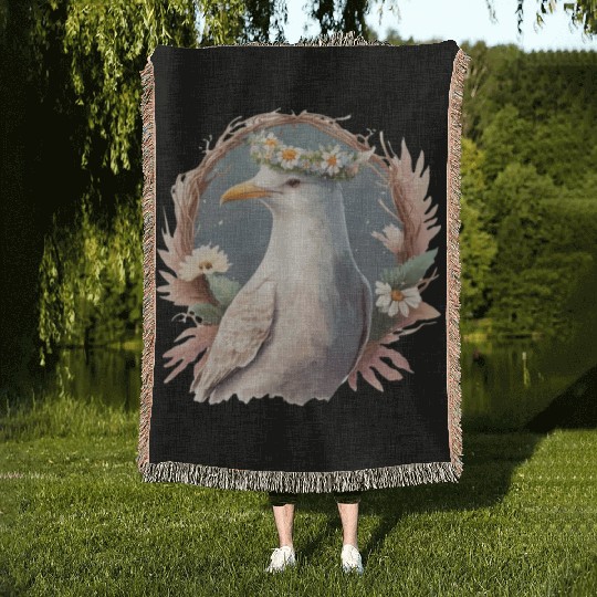Seagull Bird Flower Crown Floral Seabirds Woven Blankets