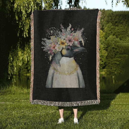 Cute Emperor Penguin Seabird Flower Crown Floral B Woven Blankets
