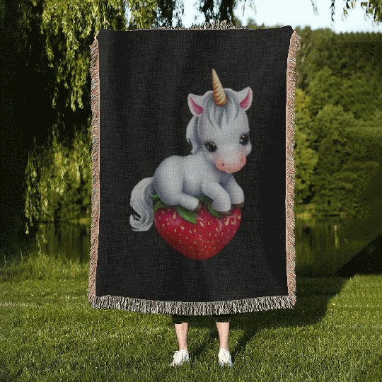 Unicorn on strawberry Woven Blankets