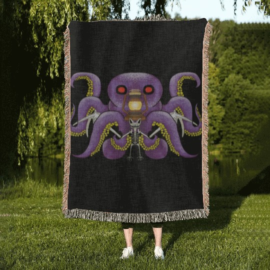 Scary sea monster and spooky bat Woven Blankets