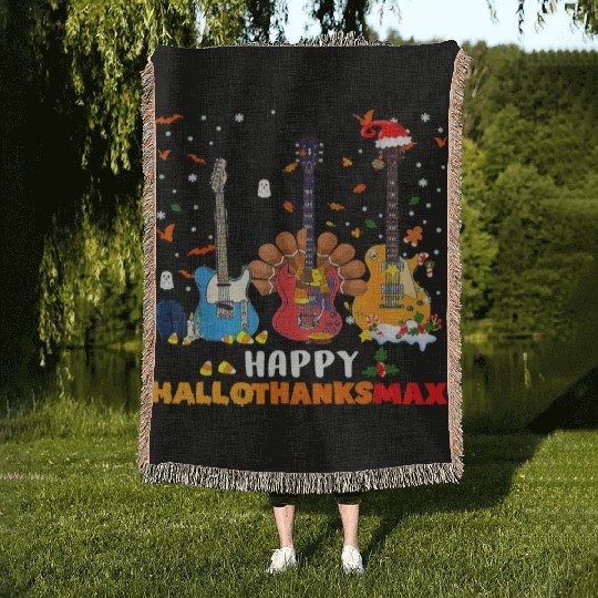 Guitar Happy Hallothanksmas Halloween Thanksgiving Woven Blankets