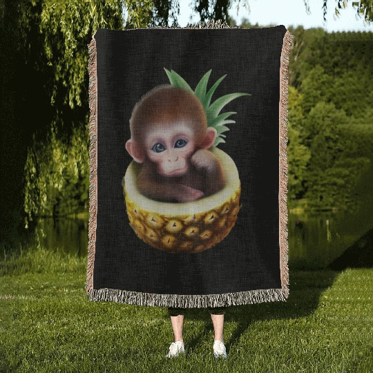 Little monkey in a pineapple Woven Blankets