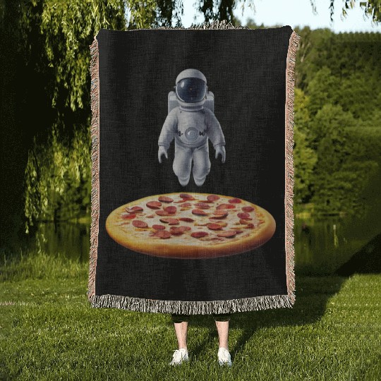 Hovering astronaut over pizza Woven Blankets