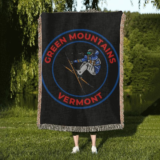 Retro Skiing in Green Mountains Vermont Souvenir Woven Blankets