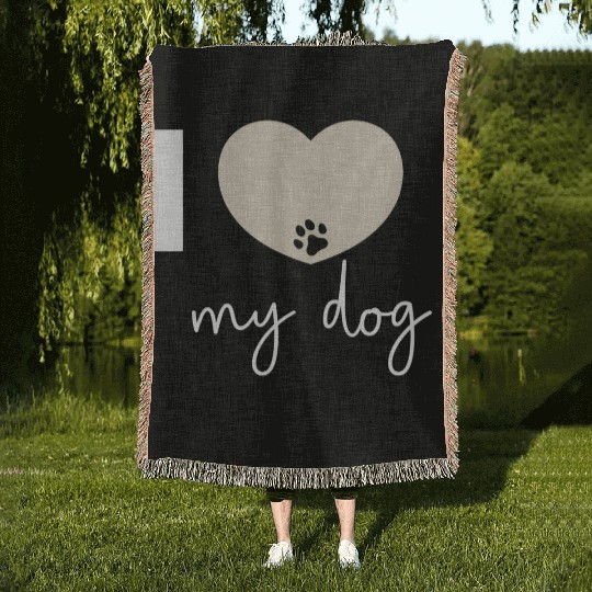 I Love My Dog Beige Heart Woven Blankets