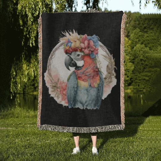 Colorful Parrot Watercolor Macaw Bird Flower Crown Woven Blankets