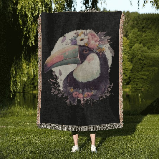 Watercolor Toucan Tropical Bird Flower Crown Jungl Woven Blankets