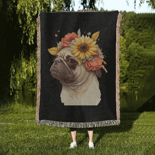 Cute Pug Flower Crown Pet Dog Breed Floral Puppy Woven Blankets