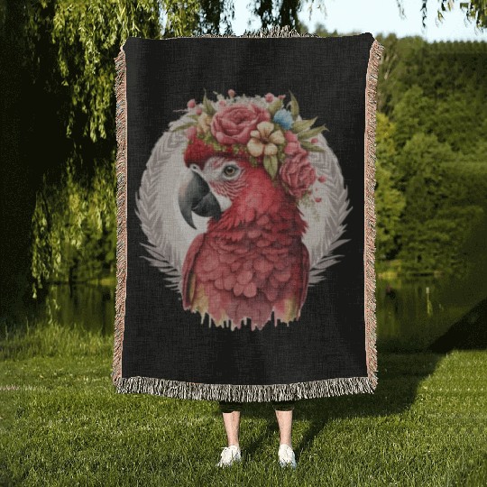 Scarlet Macaw Parrot Watercolor Bird Flower Crown Woven Blankets