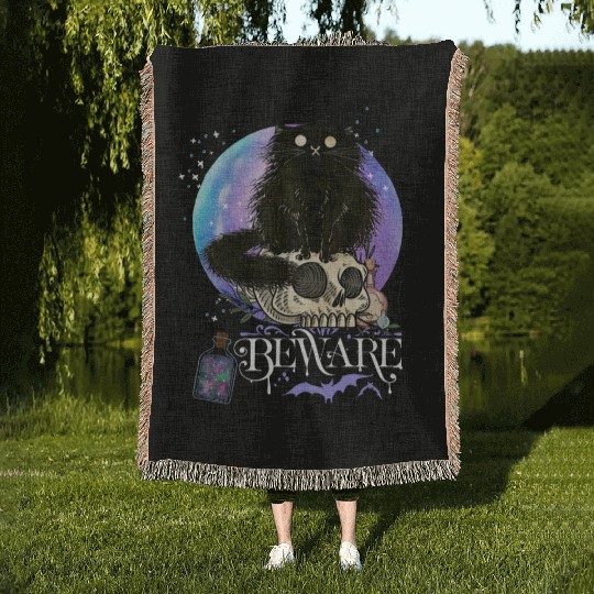 Black cat Magic Witchy Tarot cards Beware potion Woven Blankets