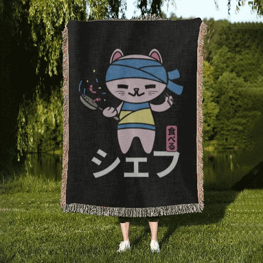 Japanese Cat Kawaii Chef Anime Cook Food Woven Blankets