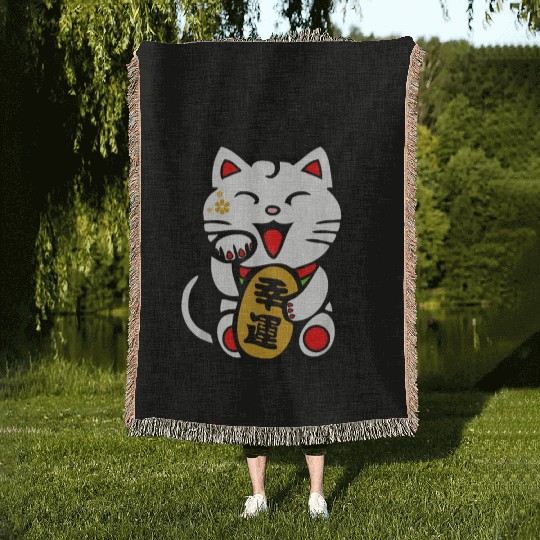 Lucky Cat Maneki-Neko Japanese Luck Feng Shui Woven Blankets