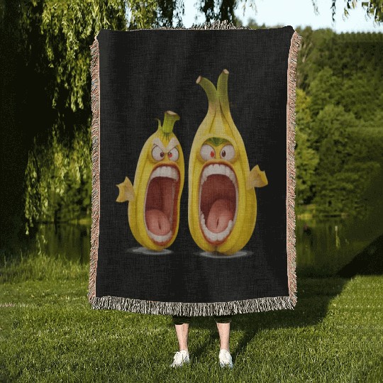 Two bananas with angry face screaming cartoon Woven Blankets