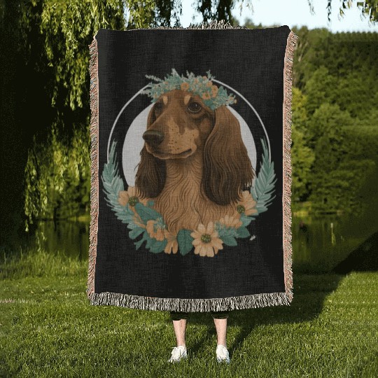 Cute Dachshund Flower Crown Pet Dog Breed Floral P Woven Blankets