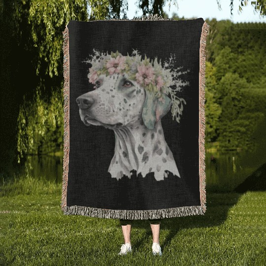 Cute Dalmatian Flower Crown Pet Dog Breed Floral P Woven Blankets