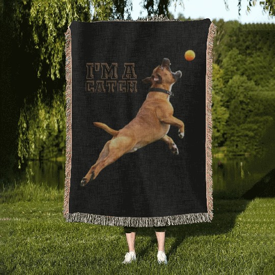 Big Dog Bull Mastiff Catching a Ball, I'm a Catch Woven Blankets