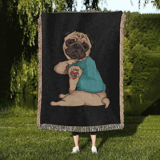 Father'S Day Dog Pug I Love Dad Tattoo Woven Blankets