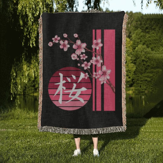 Sakura Flowers Spring Cherry Blossoms Japanese Kan Woven Blankets