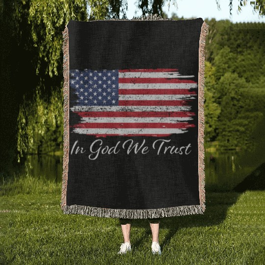 In God We Trust Us Flag Patriotic Woven Blankets