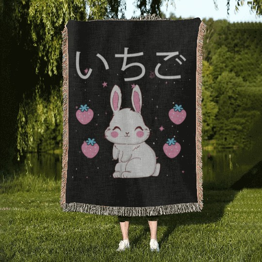 Strawberry Milk Bunny Aesthetic Vaporwave Anime Woven Blankets