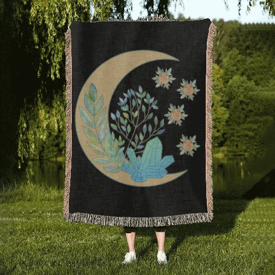 Floral Crescent Moon Healing Crystal Garden Witch Woven Blankets