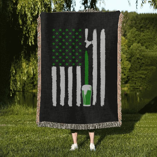 Green St PatricDay Beer American Flag Patriotic Ir Woven Blankets