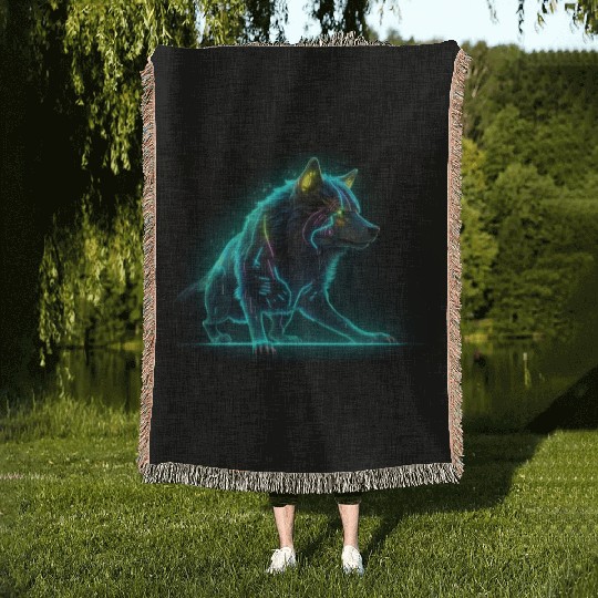 Neon Moon Wolf Woven Blankets