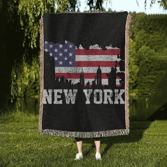 New York City Nyc Skyline Usa Flag America Woven Blankets