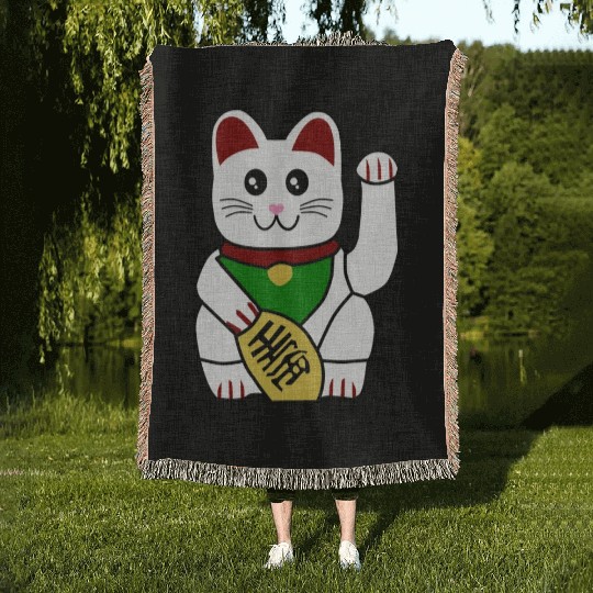 Cute Japanese Lucky Cat 1 Woven Blankets