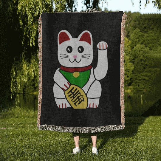 Cute Japanese Lucky Cat 1 Woven Blankets
