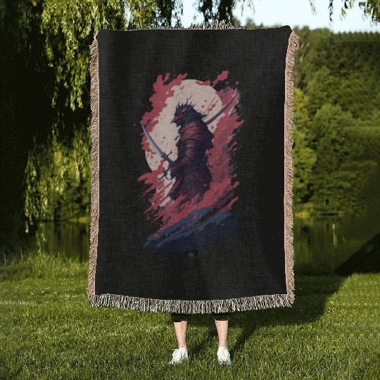 Shadow Samurai: Colorful Chaos Unleashed Woven Blankets
