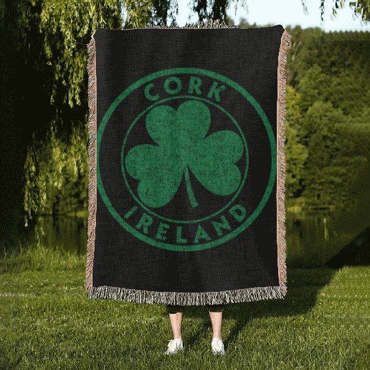 Cork Ireland Shamrock Sign Distressed Green Print Woven Blankets