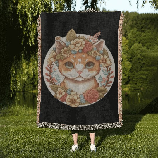 Cottagecore Cute Baby Cat Kitten Flower Woven Blankets