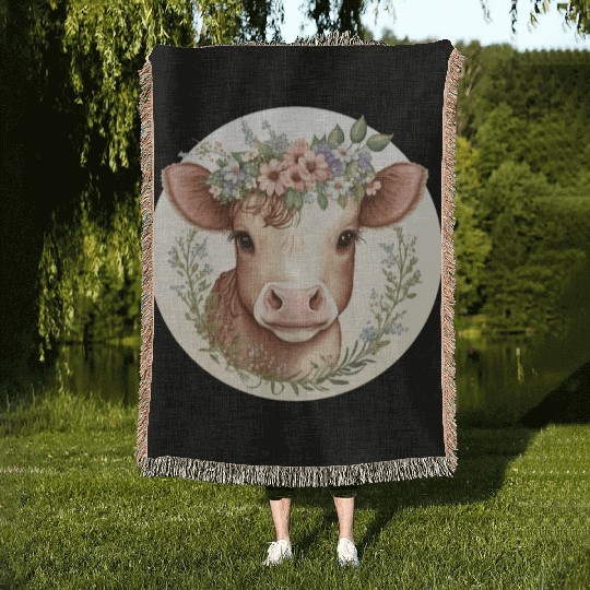 Cottagecore Cute Baby Cow Calf Floral Farm Animal Woven Blankets