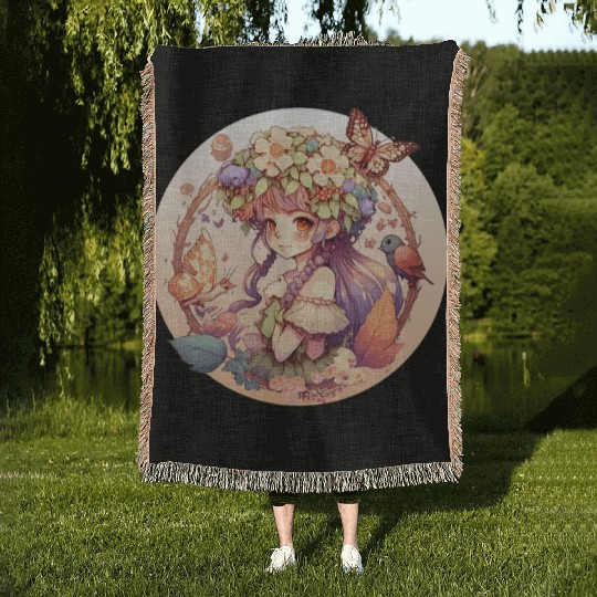 Cottagecore Fairy Girl Fantasy Goblincore Forest F Woven Blankets