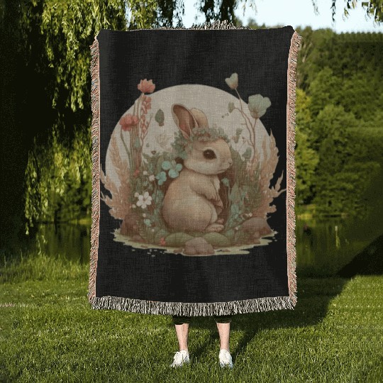 Cottagecore Cute Baby Bunny Rabbit Watercolor Flow Woven Blankets