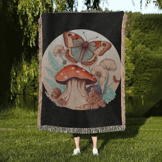 Cottagecore Butterfly Mushroom Forest Plants Botan Woven Blankets