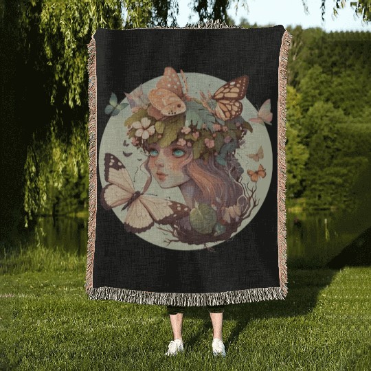 Cottagecore Butterfly Girl Cute Goblincore Fantasy Woven Blankets