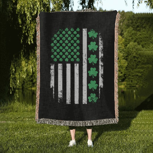 US American Flag With Shamrocks for St Patricks da Woven Blankets