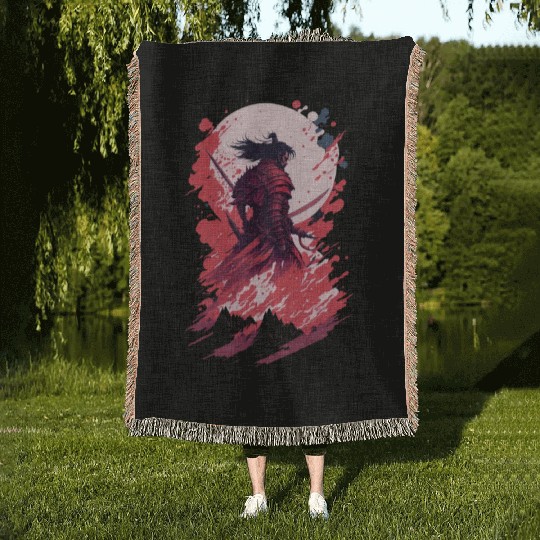 Shadow Samurai: Colorful Chaos Unleashed Woven Blankets