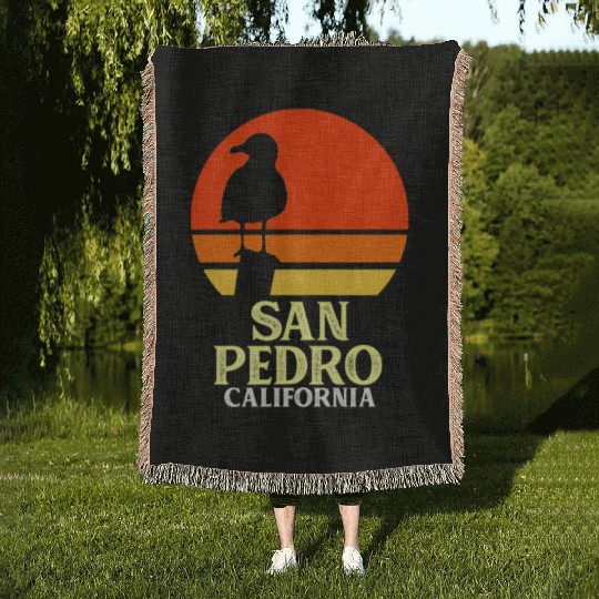 San Pedro California Beach Seagull Woven Blankets