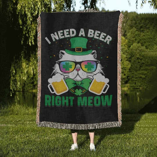 St Patric Day Cat I Need A Beer Right Meow Woven Blankets