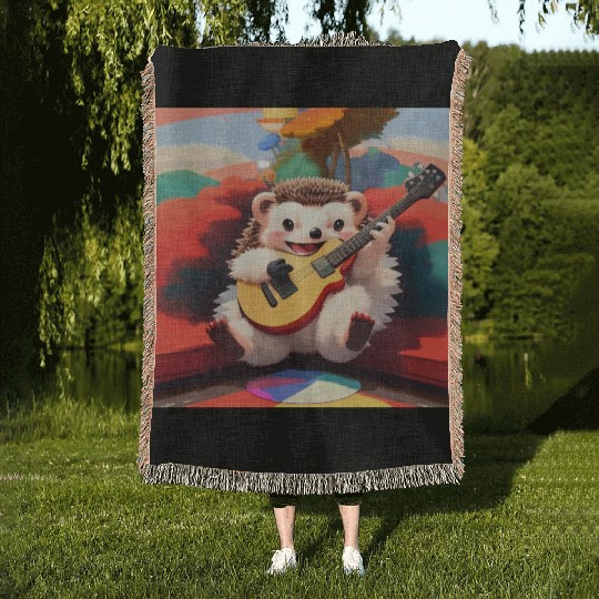 Cute Hedgehog playing Guitar Woven Blankets