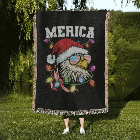 Merica Usa Flag Patriotic Veteran Santa Bald Eagle Woven Blankets