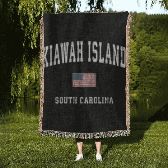 Kiawah Island South Carolina Sc American Flag Woven Blankets
