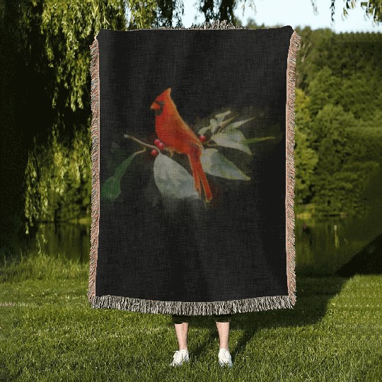 Wild Red Cardinal Bird Woven Blankets