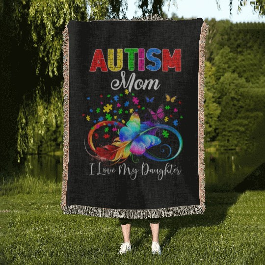 Butterfly Autism Mom I Love My Daughter Support Woven Blankets